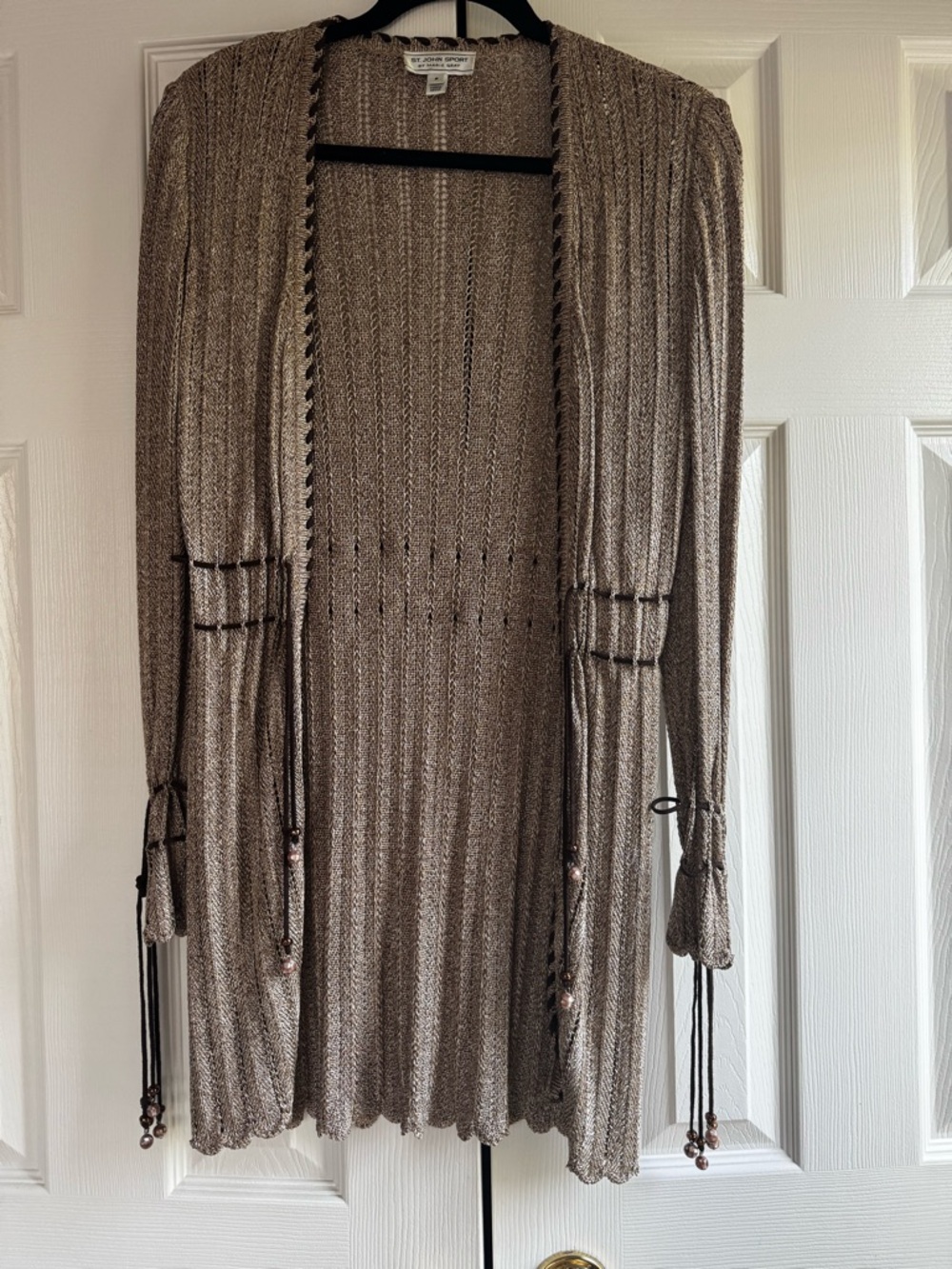 St. John Sport by Marie Gray Metallic Taupe Open-Front Cardigan